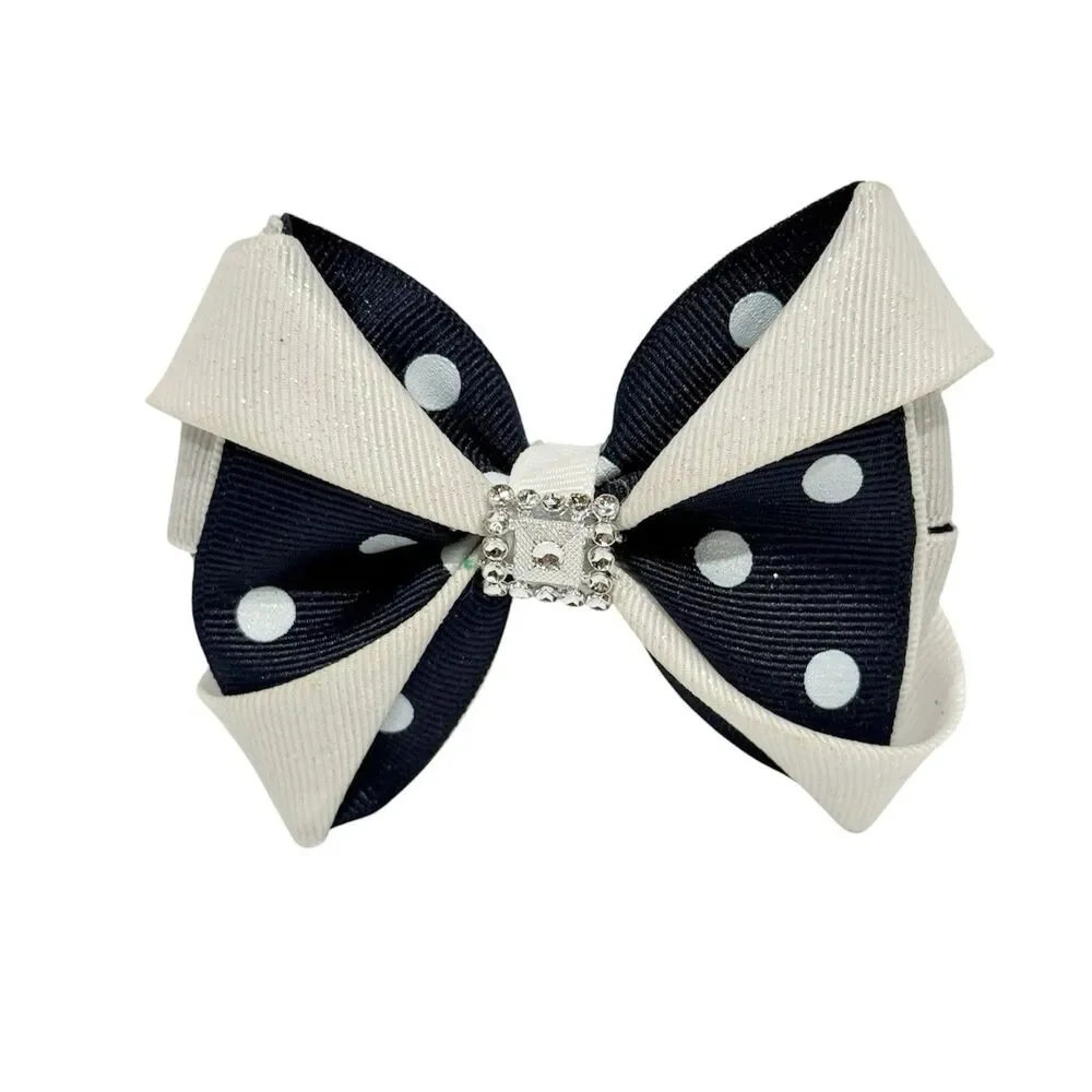 Hair Bow Clip Hairpin For Girls White And Blue Polka Dot New